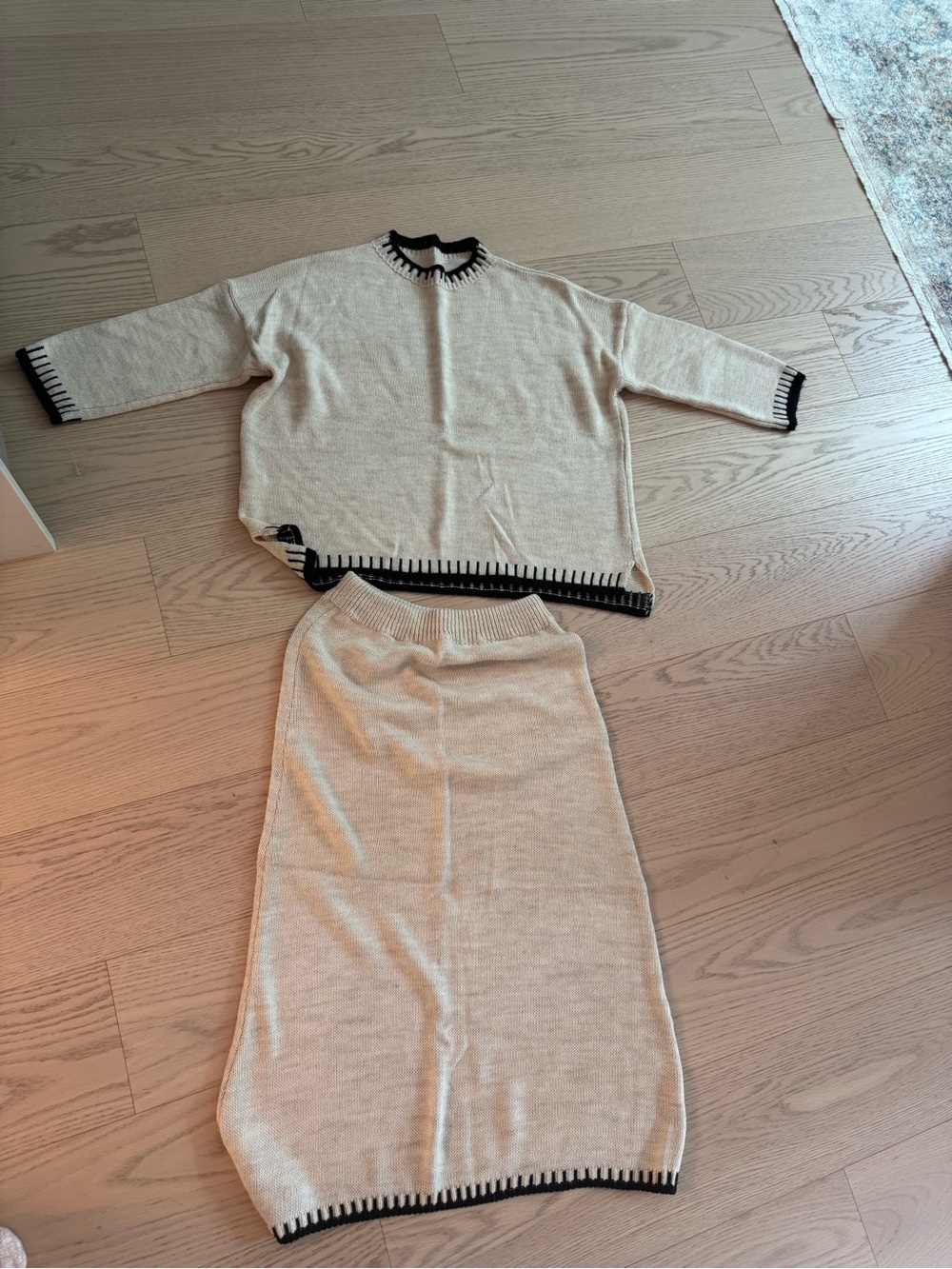 Beige Two-Piece Knit Sweater Set with Black Trim